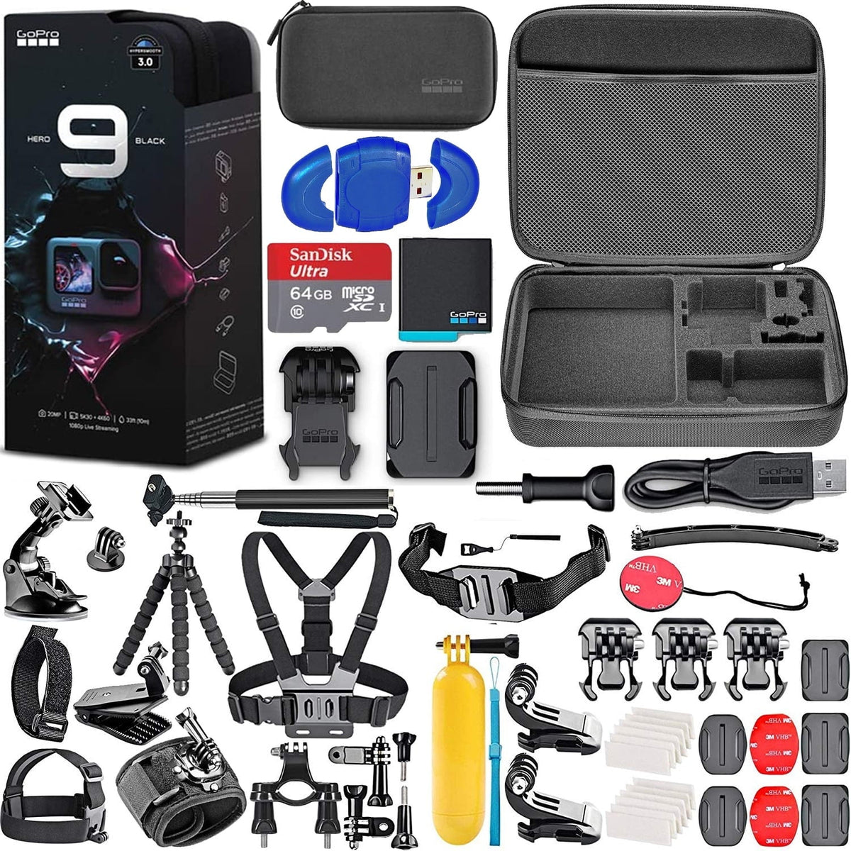 '+ SanDisk Reader + + Card Bundle + Hero 64GB + HERO9 Memory Flexible + + Strap Strap Black Case Hard 9 GoPro + Floating + Mount Tripod Monopod Action Chest Head Mount Card Handle