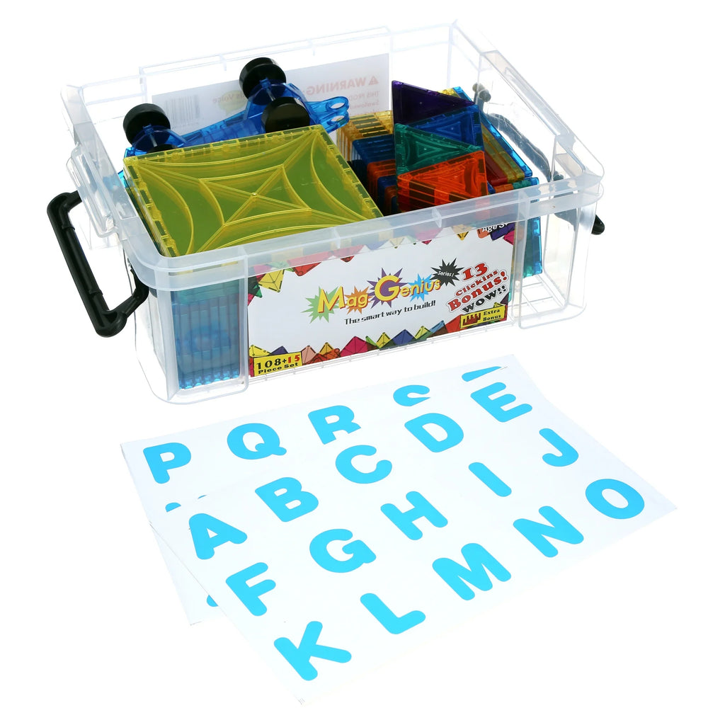 Storage 3D Includes Mag-Genius Free Award And + Tiles Building Pieces Set Brain Cars 105 Blocks Clear Winning 2 of Magnet building Colours Bin