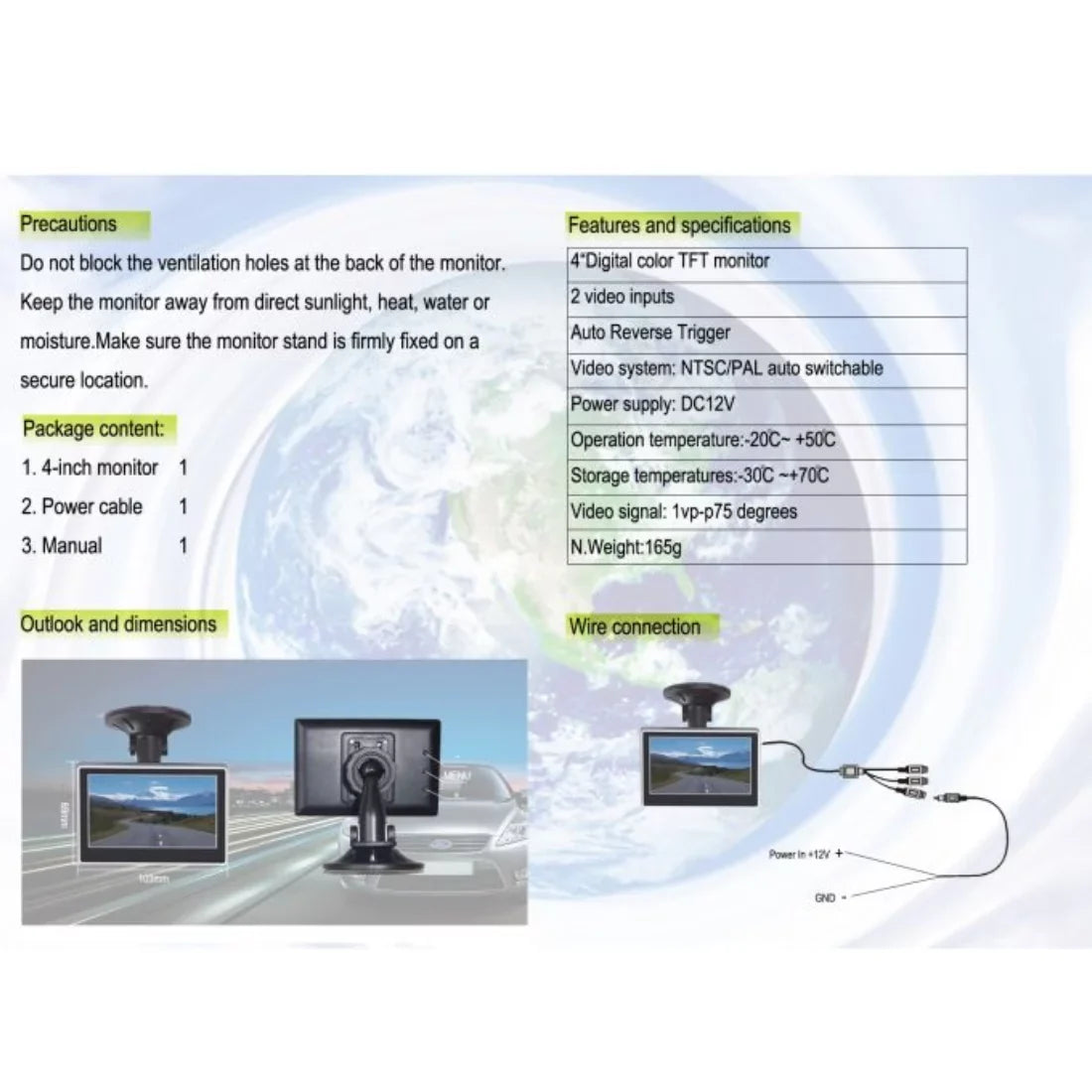 Mount Boyo Monitor - TFT-LCD 4" Back-Up VTM4000 Digital Camera Color Dual Vision