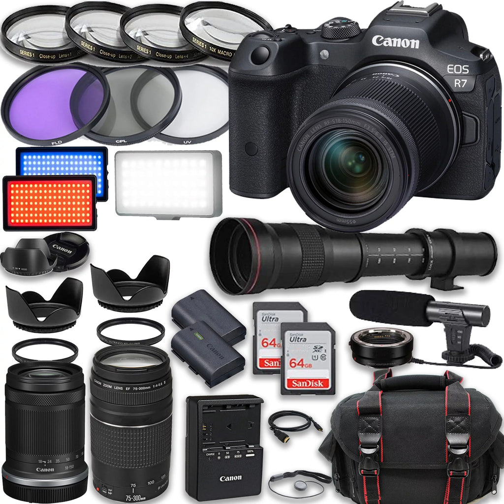 Cards, RF-S Video EF + HD III 2X & with Memory Battery, IS 75-300mm Extra 64GB Camera Light, LED Microphone, STM R7 EOS 18-150mm Canon More Mirrorless Lenses, Case Accessories + included: 420-800mm