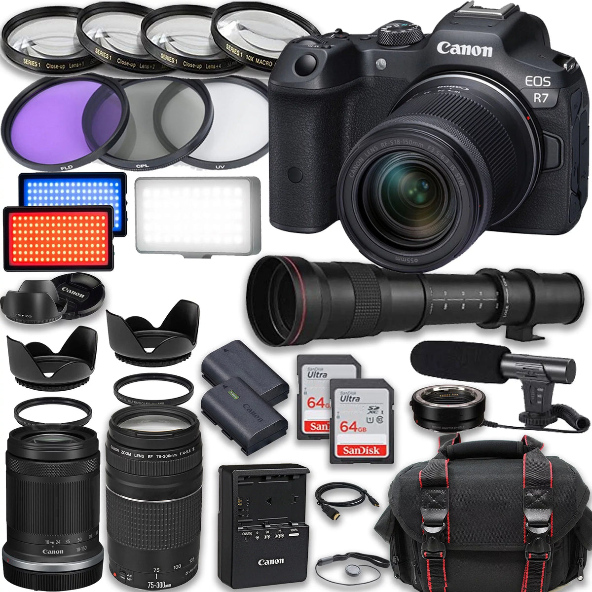Cards, RF-S Video EF + HD III 2X & with Memory Battery, IS 75-300mm Extra 64GB Camera Light, LED Microphone, STM R7 EOS 18-150mm Canon More Mirrorless Lenses, Case Accessories + included: 420-800mm