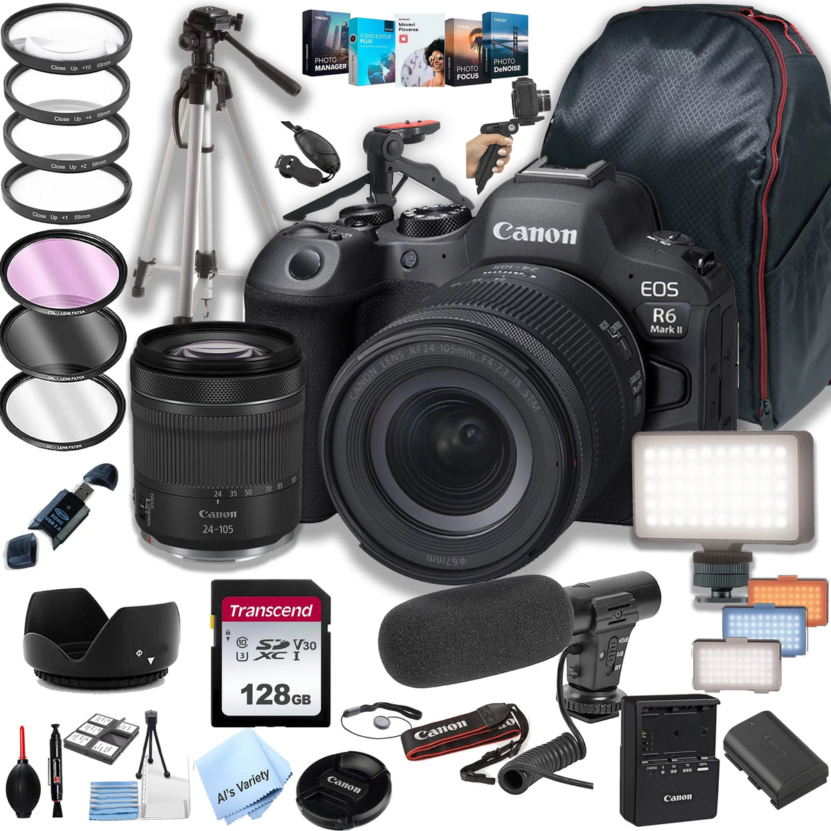 EOS + Microphone + Filters + RF R6 Video Digital Software STM + 24-105mm LED II Mark Back + More Lens Pod + Tripod with Light Canon + Camera 128GB f/4-7.1 + Steady Pack Mirrorless Memory + Grip