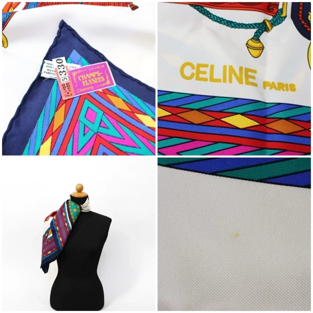 Pre-Owned (Good) | Celine Navy Ladies White Muffler x Silk CELINE Scarf