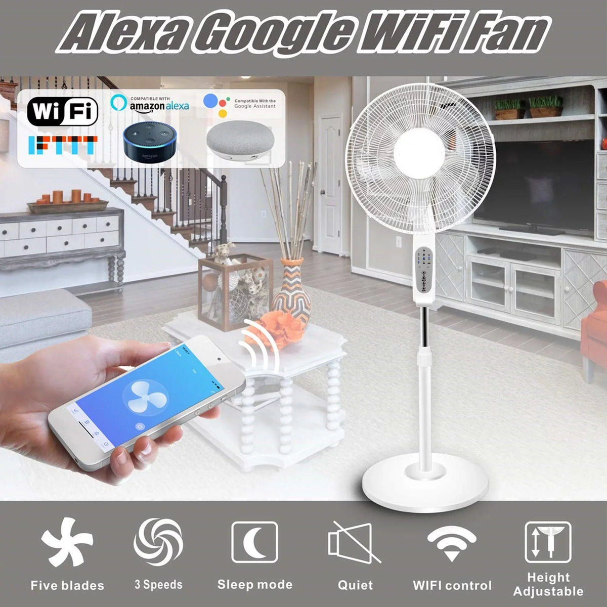 with Voice with Alexa/Google Oscillating Pro WIFI Home Technical Amazon Standing Enabled Fan Feature, Compatibe 16"