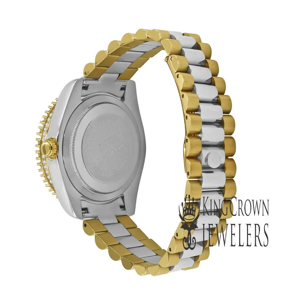 Watch Diamond Gold Mens 2 Green 42mm Dial Face 18k Full Stainless Numbers Tone Steel Roman
