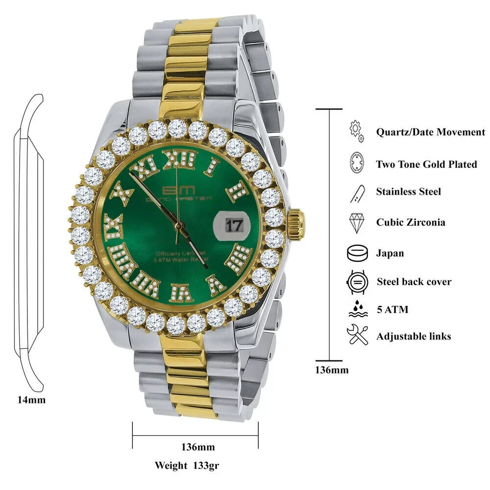 Watch Diamond Gold Mens 2 Green 42mm Dial Face 18k Full Stainless Numbers Tone Steel Roman