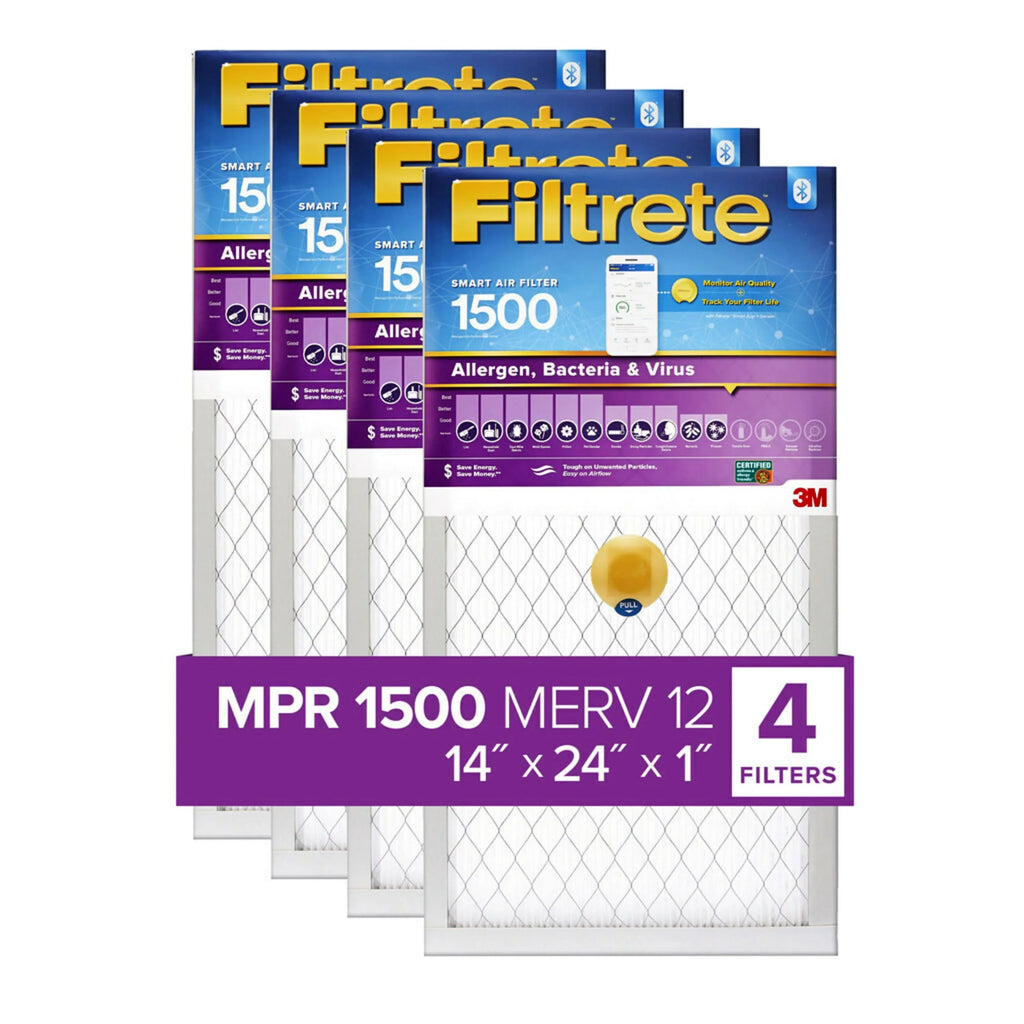 Filters Air 14x24x1, 3M Bacteria and HVAC MERV Filtrete Filter, by Furnace & 4 MPR, Virus Smart 12, Allergen, 1500
