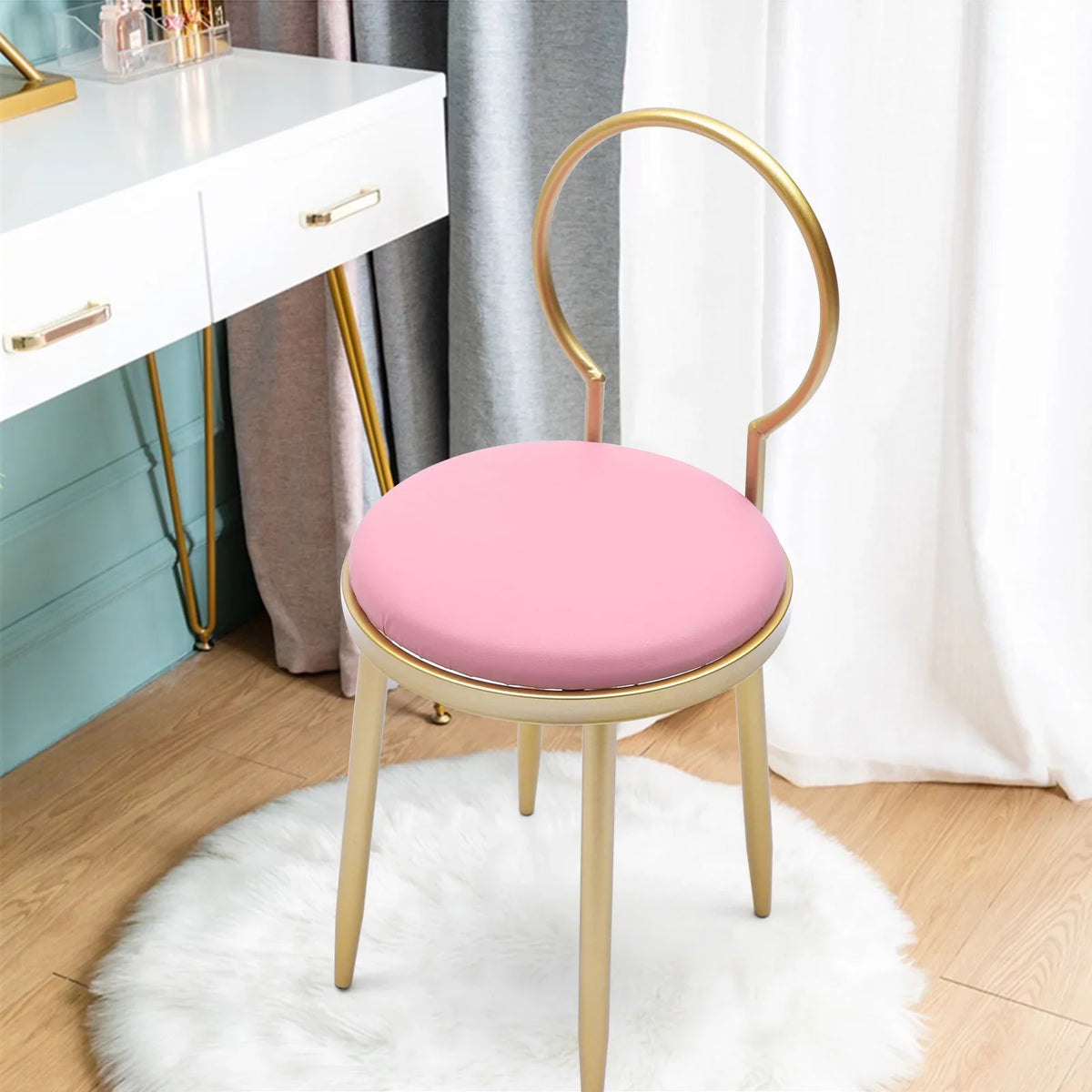 Gold 13.78*12.2*27.36" Dresser Chair, Vanity Iron + Simple + Stool Sponge Anqidi Pink Leather Pink