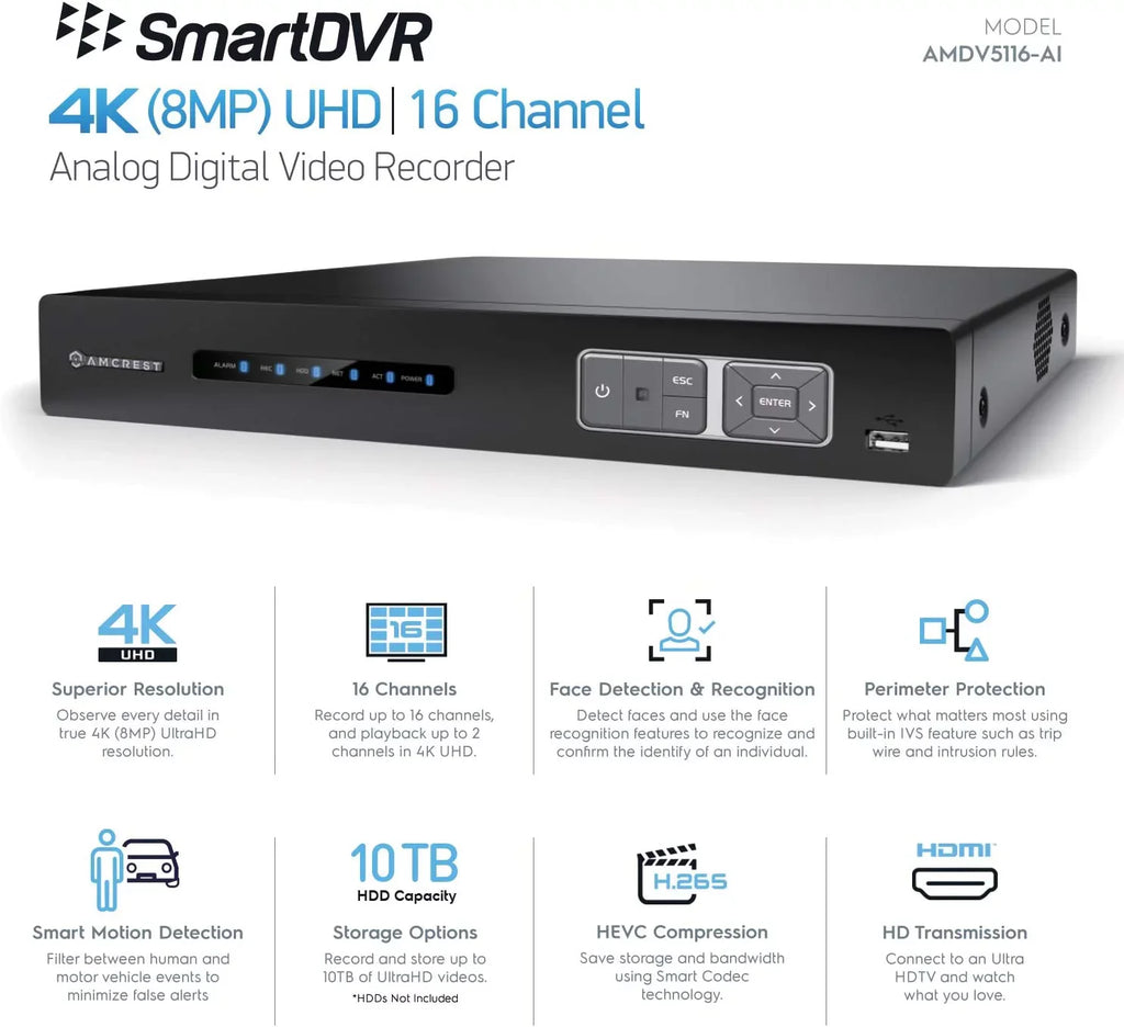 16 IP Security Face (AMDV5116-I3) Human Amcrest Channel Cameras, Amcrest Detection Camera Recognition, DVR Cameras Smart DVR, Vehicle & AI AI for Analog 4K DVR & AI Recorder, Security System