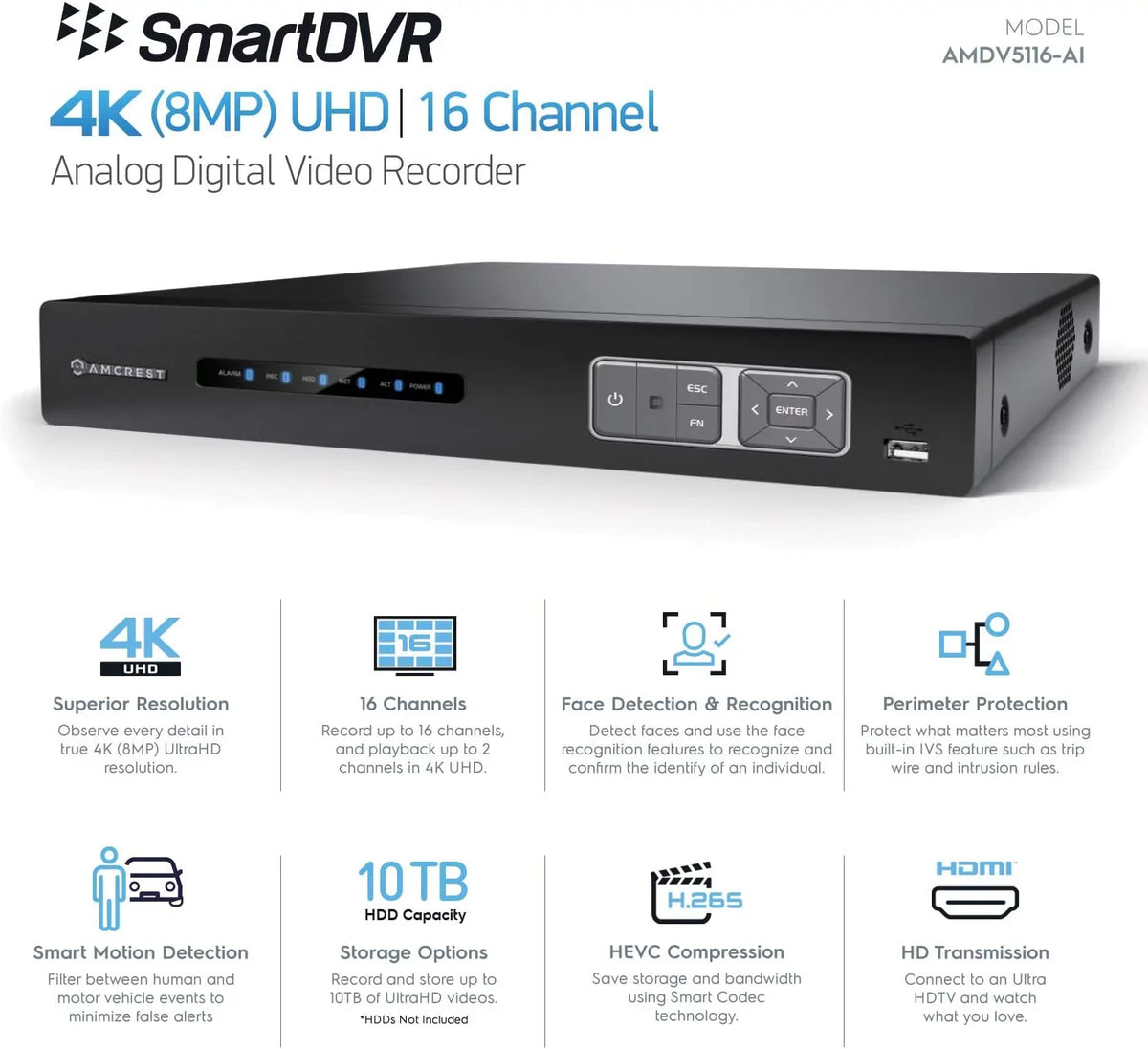 16 IP Security Face (AMDV5116-I3) Human Amcrest Channel Cameras, Amcrest Detection Camera Recognition, DVR Cameras Smart DVR, Vehicle & AI AI for Analog 4K DVR & AI Recorder, Security System
