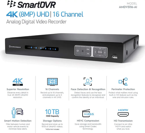 16 IP Security Face (AMDV5116-I3) Human Amcrest Channel Cameras, Amcrest Detection Camera Recognition, DVR Cameras Smart DVR, Vehicle & AI AI for Analog 4K DVR & AI Recorder, Security System