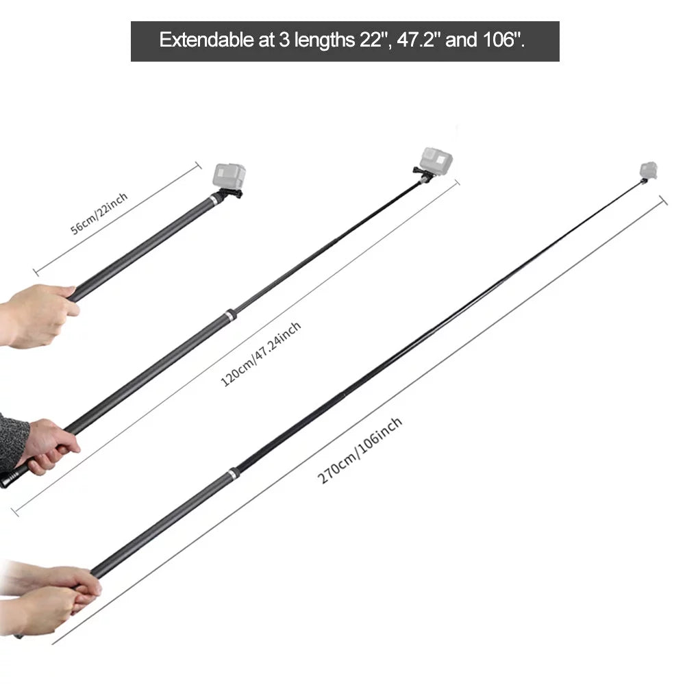 for Monopod Stick Fiber 5 Long OSMO Handheld 11109876Hero Selfie Extendable for 2.7M106 Replacement Replacement Black(2018) R Carbon Hero One Ultra Pole Action Lightweight Inch