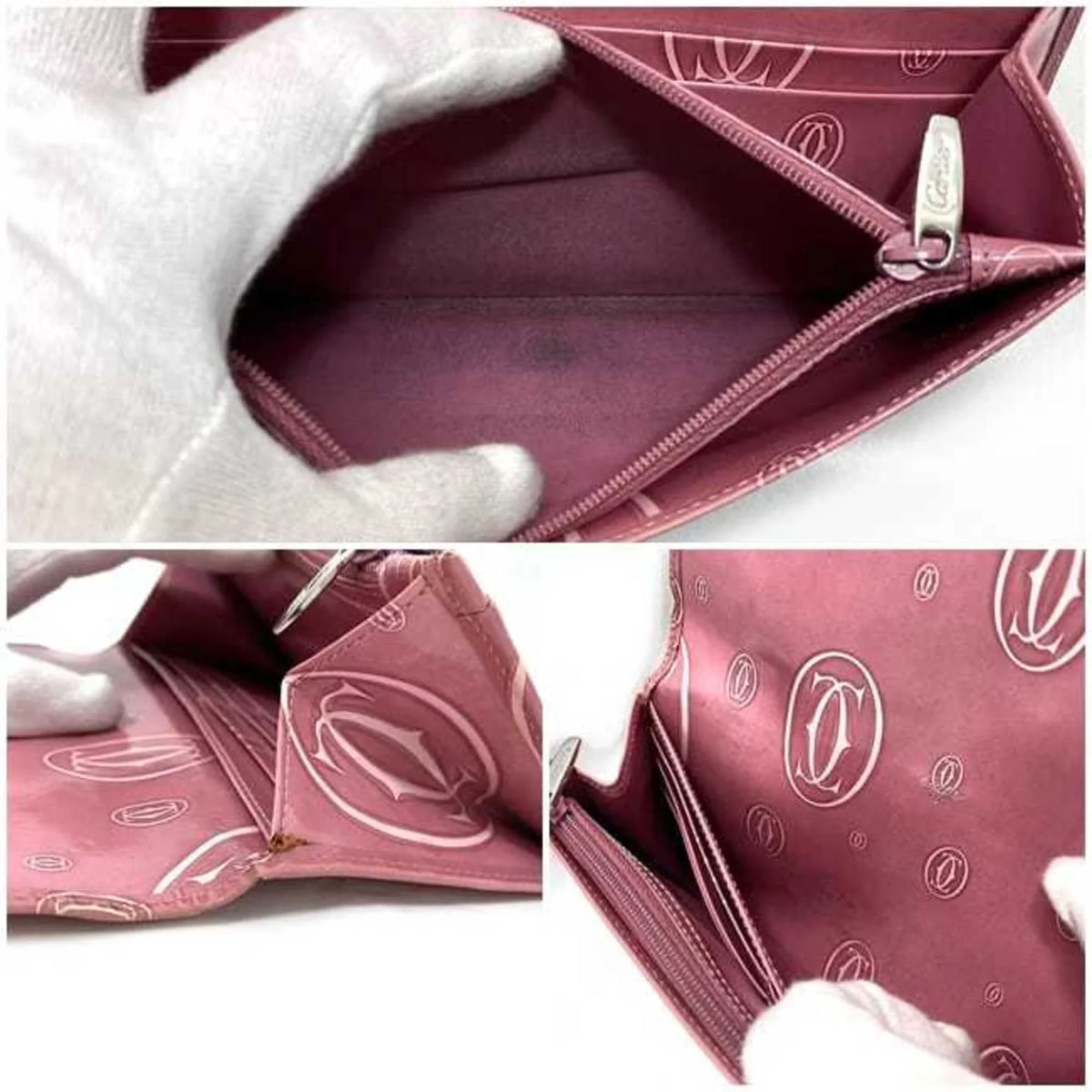 2C Bifold Happy L3000951 Birthday Wallet Pink Leather Pre-Owned Motif Ladies (Fair) Long Cartier
