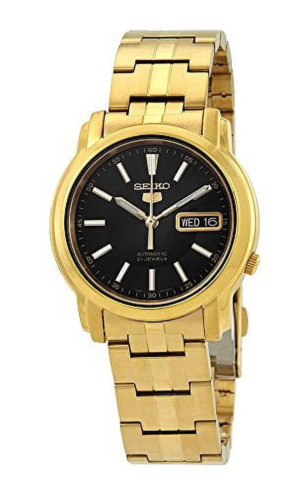 Tone Automatic Seiko Stainless Gold Men's Black Dial Watch Steel #SNKL88