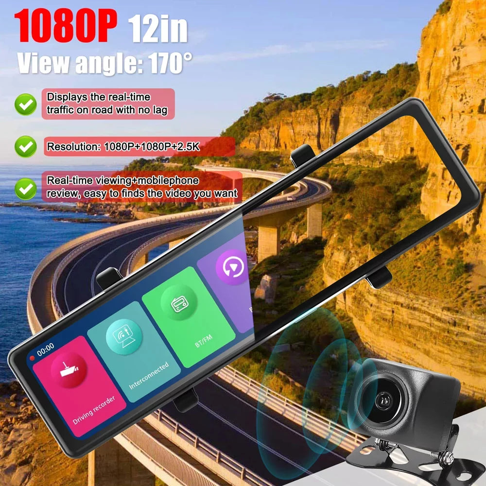 BT Recording Cameras, 2.5K Video 12in Cam: the Touchscreen, Moment Mirror Capture Connectivity, 3 - Auto Driving on Rearview - Clear Every Dash Road Recorder