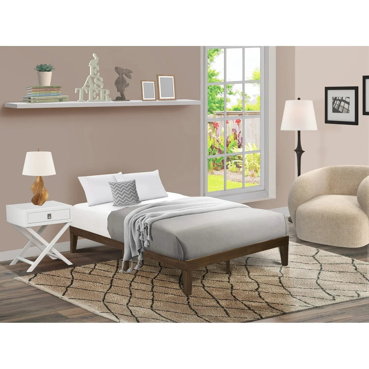 Wood Bed Platform Furniture in Full Engineered West East Walnut Weathered Denton