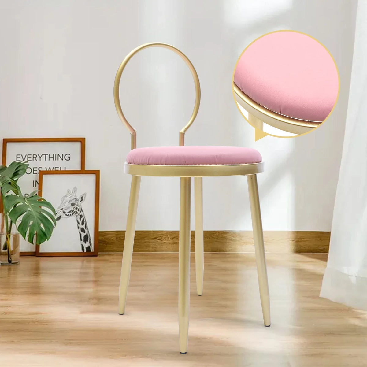 Gold 13.78*12.2*27.36" Dresser Chair, Vanity Iron + Simple + Stool Sponge Anqidi Pink Leather Pink