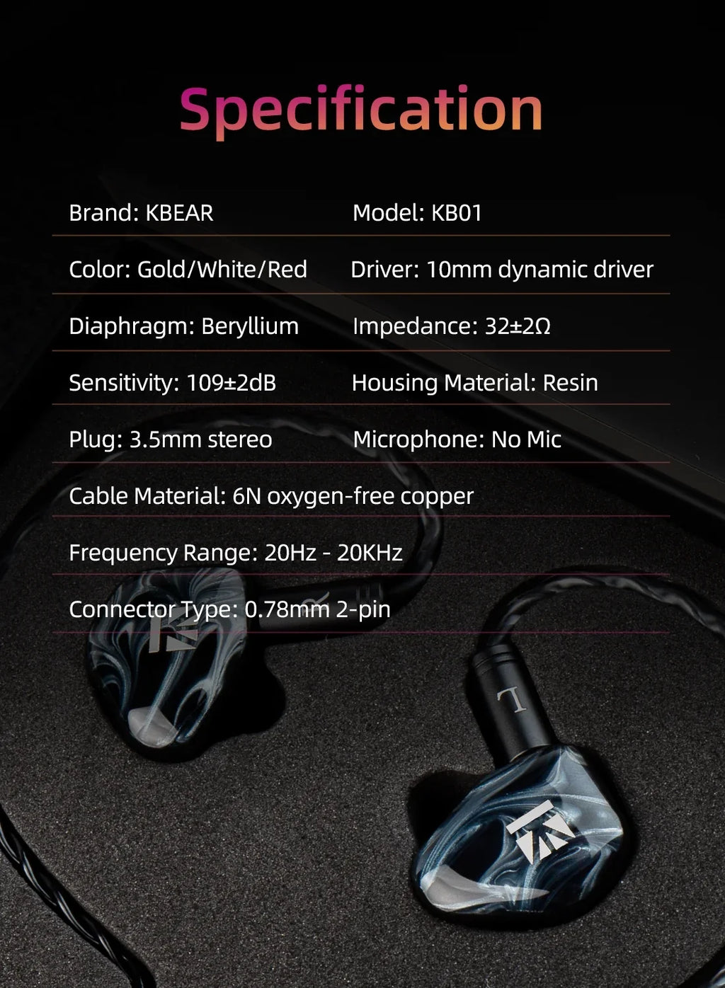 Drvier IEM Headset HIFI Headphones KB01 Wired Music Beryllium Ear Dynamic Sport 10MM Earbuds Diaphragm Monitor Earphone KBEAR In