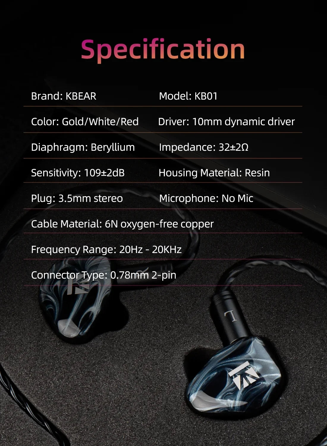 Drvier IEM Headset HIFI Headphones KB01 Wired Music Beryllium Ear Dynamic Sport 10MM Earbuds Diaphragm Monitor Earphone KBEAR In