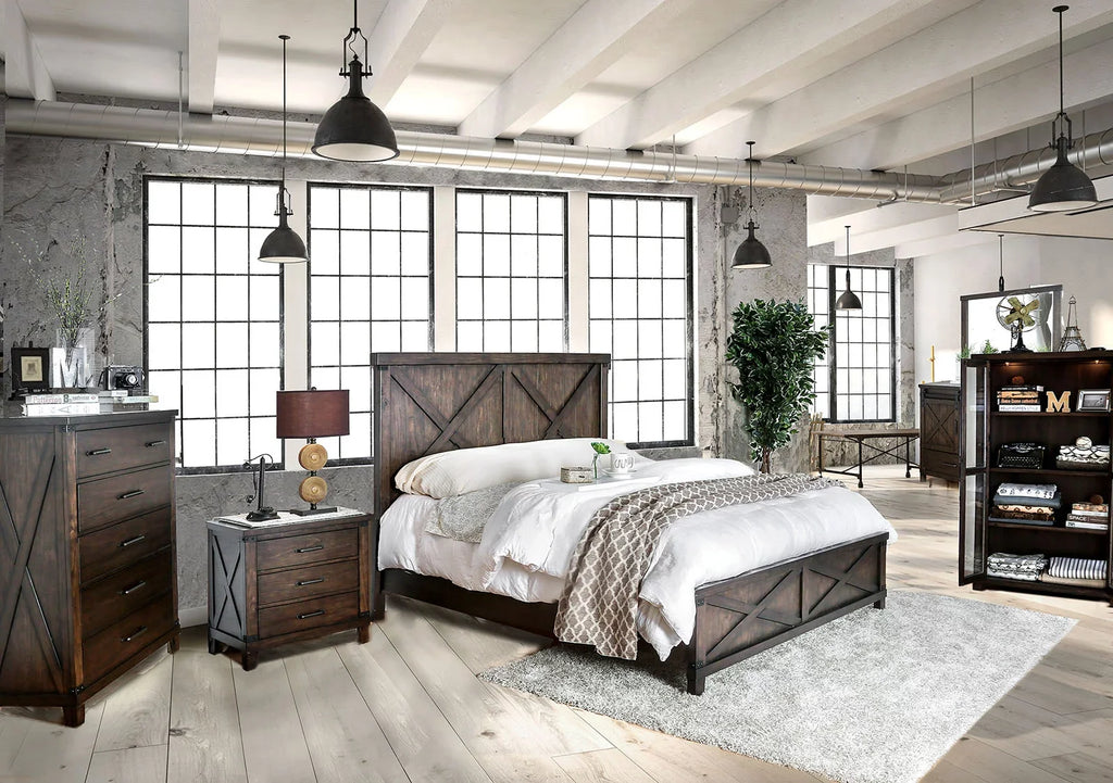 King Bedroom Bed HB Transitional 1pc Solid Style Dark Bed Rustic Size Eastern Style Plank Furniture Walnut FB Wood