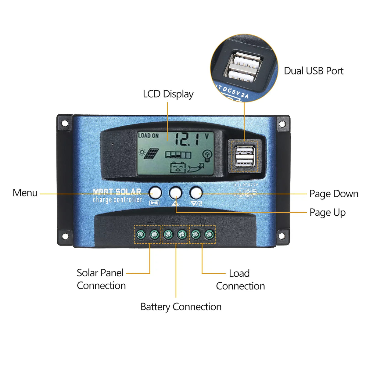 LCD 5V/2A Dazzduo Dual Solar USB Output USB Solar 5V/2A USB Controller,Dual Dual Dual 12V/24V USB Output Screen Dual USB 5V/2A Screen Identification Solar