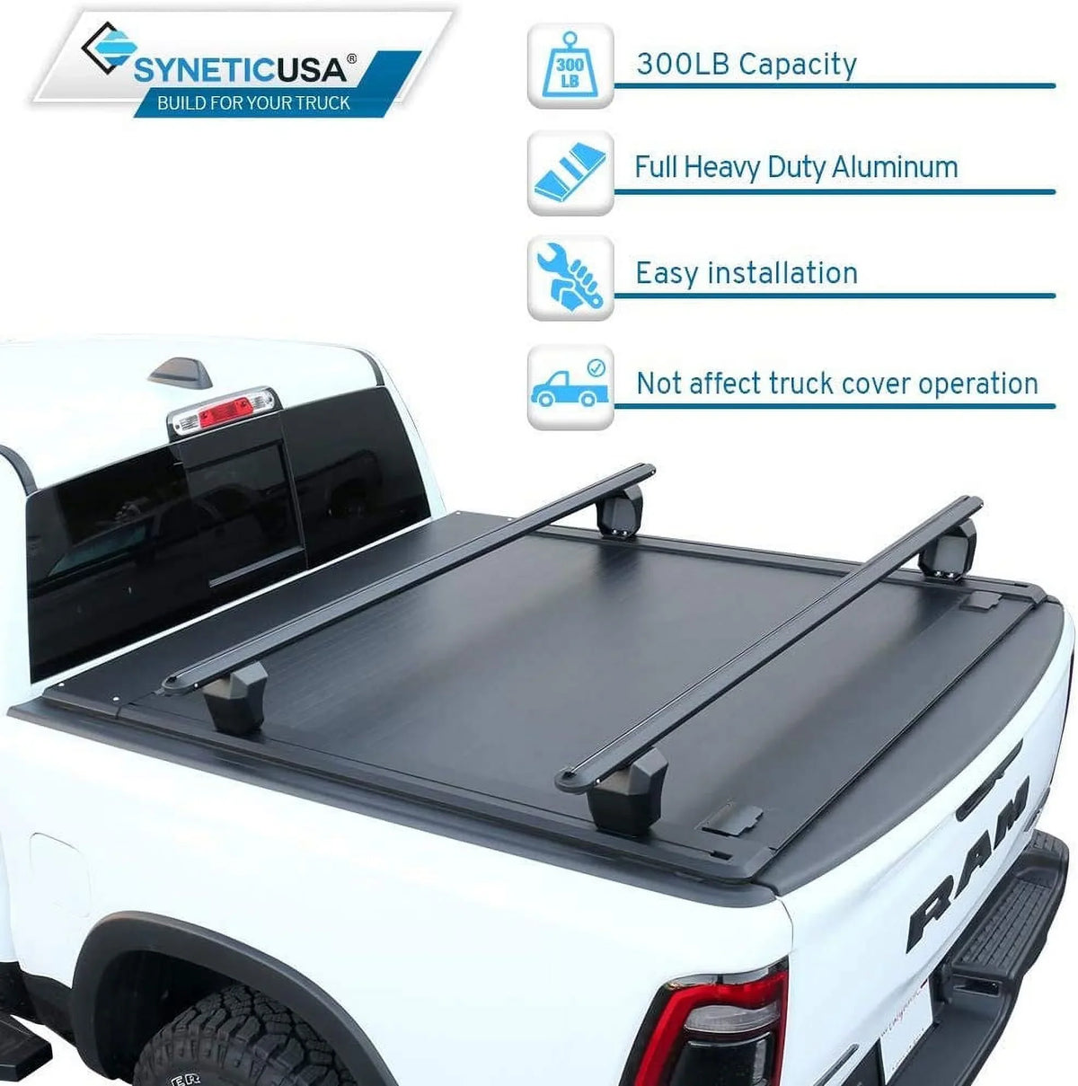 Cover Black Bed Low Retractable Ram Tonneau Waterproof Cross Fits 1500 (67.4”) Road 2019-2022 Syneticusa 5'7" Bars with Matte Hard Profile Aluminum Off