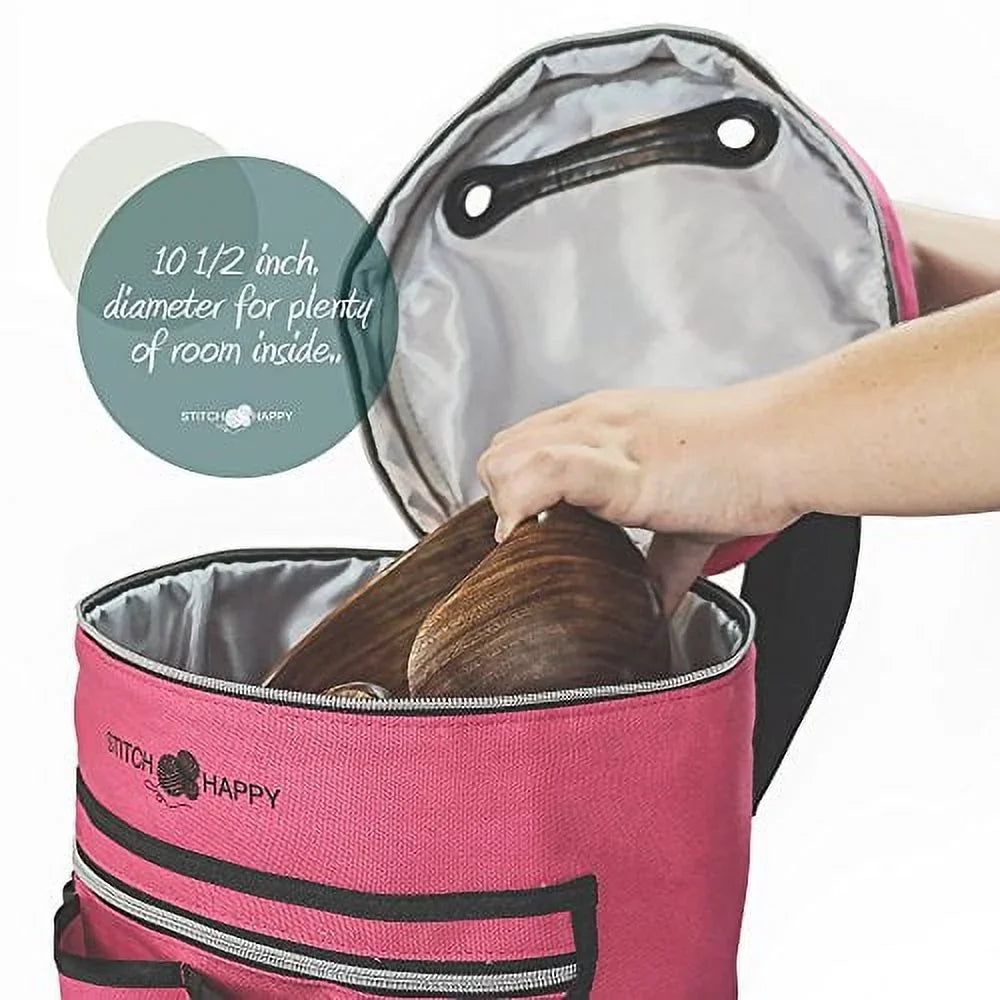 for Supplies by Yarn Storage - & Extra Pockets Knitting Projects, + Organizer Stitch (Fuchsia) Happy Bag Crochet Tote w/Tool 7 Case, of Divider