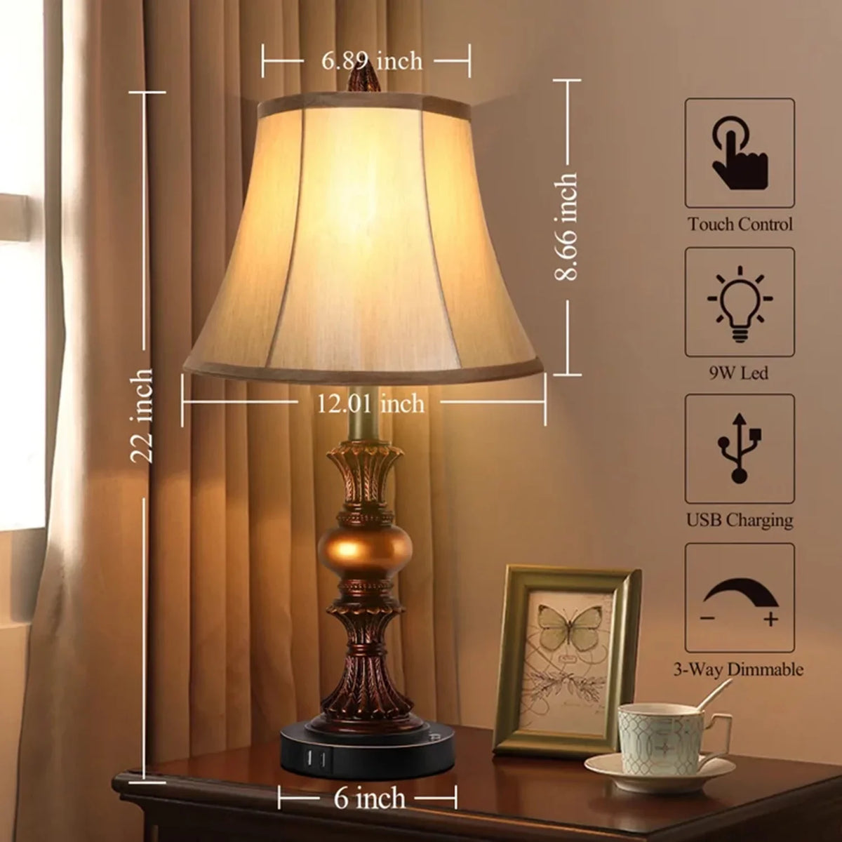 Sets with Port Lamp Lamps, 3-Way USB Table Lamp of 2 Bulbs Touch with Nightstand Traditional Set Lamp Dimmable Control LED Nictiv Free Bedside 2 Wooden Bedroom 4