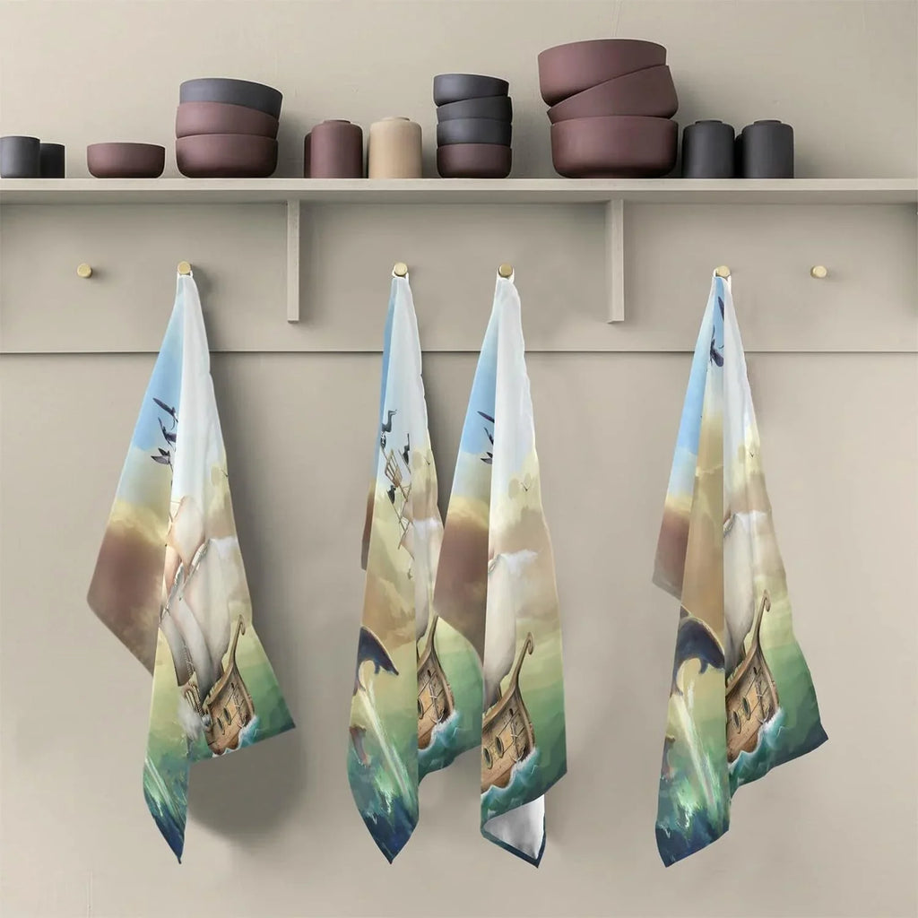 Sailboat Dish Set Towels with Summer Drying Jumping Loop, Cloth Dolphins Absorbent Kitchen 6 Tea and for Ocean Hanging of Towel Cleaning 18"x28"Lint-Free Wiping Kitchen