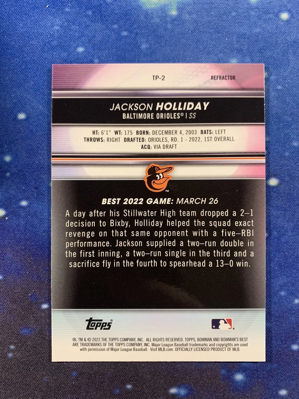 Bowmans Card #TP-2 Best Refractor Rookie 2022 Jackson Holliday