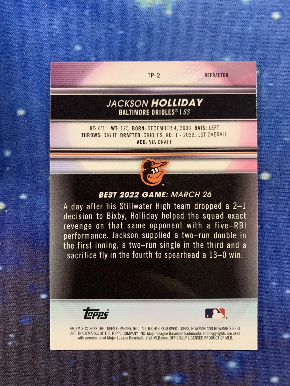 Bowmans Card #TP-2 Best Refractor Rookie 2022 Jackson Holliday
