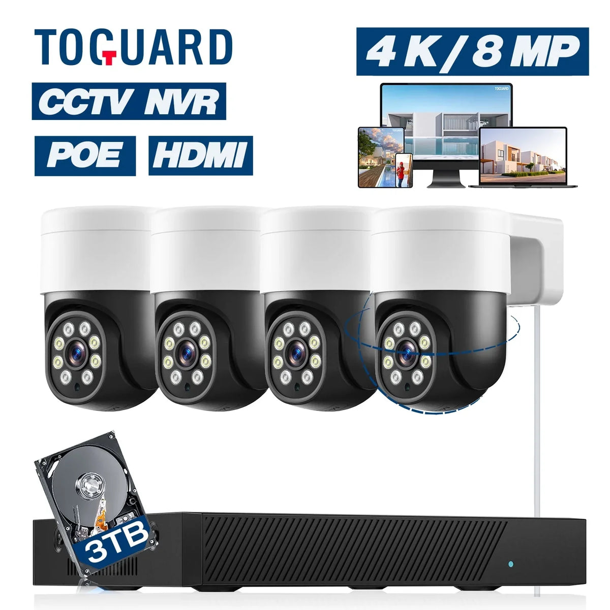 Hard System PTZ TOGUARD HDMI CCTV Dome SC46 3TB Camera Surveillance Cameras with 4K/4MP+4MP Security 8CH Drive 4Pcs POE NVR 4K/4MP+4MP Outdoor Connector