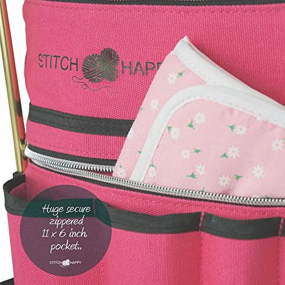 for Supplies by Yarn Storage - & Extra Pockets Knitting Projects, + Organizer Stitch (Fuchsia) Happy Bag Crochet Tote w/Tool 7 Case, of Divider