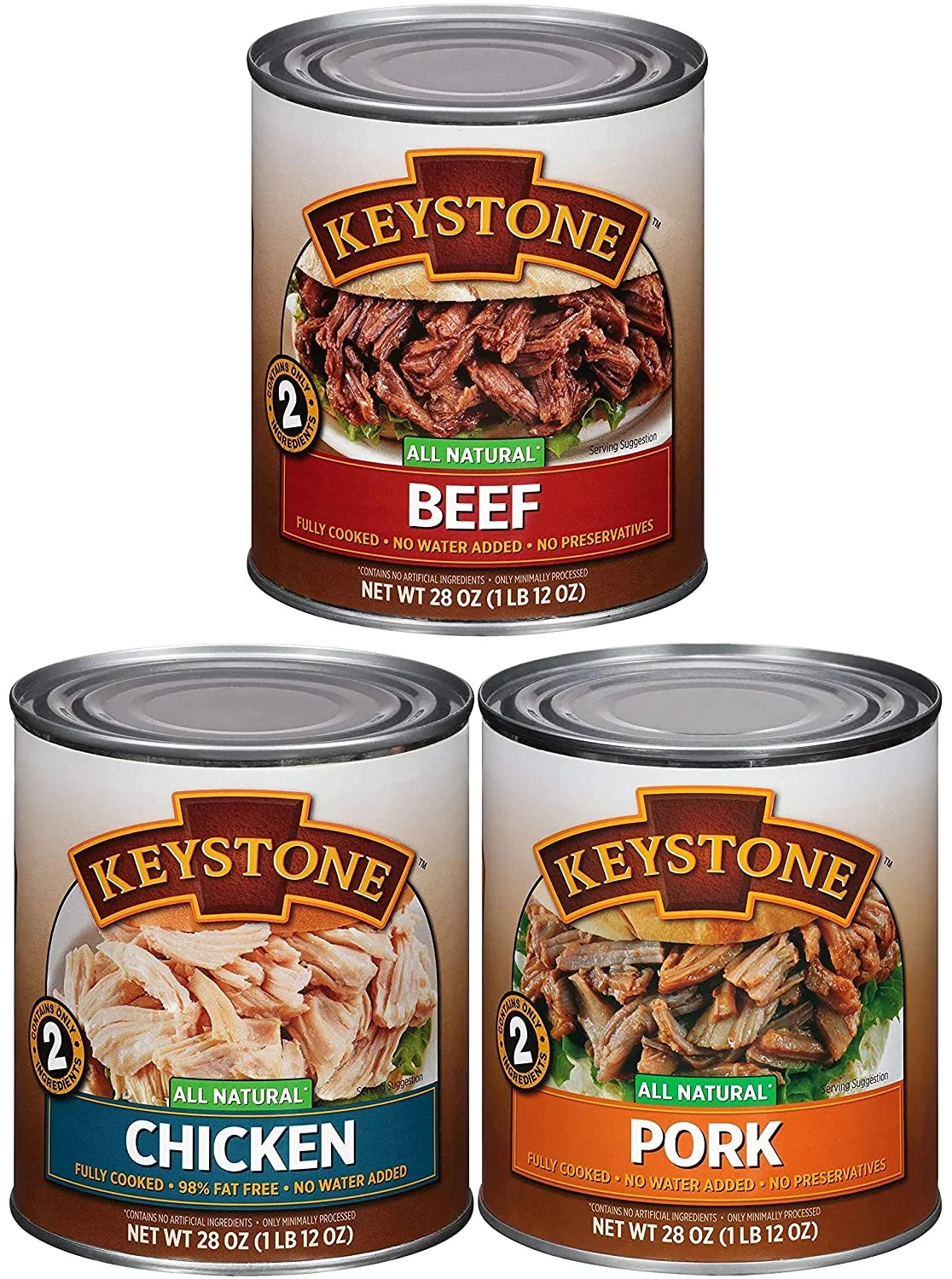 Long Emergency Cans 28oz All 2 Shelf (6 of Survival Life Each) Cans Ready Keystone Combo Food Pork Camping and eat to Natural - Chicken Beef,