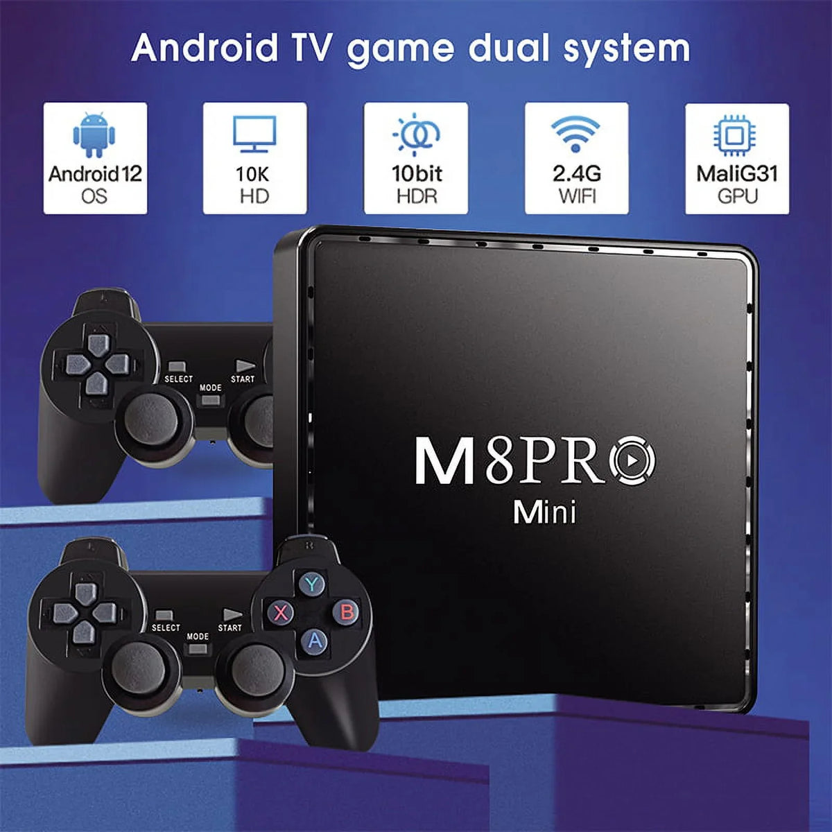 Retor 100M TV Game Pro with Game 10000+ Box Box System Game Wireless M8 TV and Dual Controllers Mini 4K Android