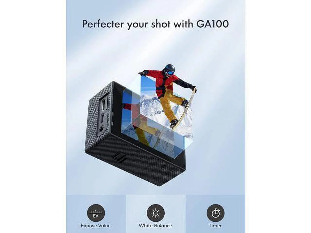 Camera Kit with Accessories Angle Helmet Mount GA100 Remote Dual 40M Camera, 2x1050mAh Batteries 30FPS, Action 20MP Control, 4K Waterproof Wide EIS, WiFi Camera and Microphone 170° Underwater