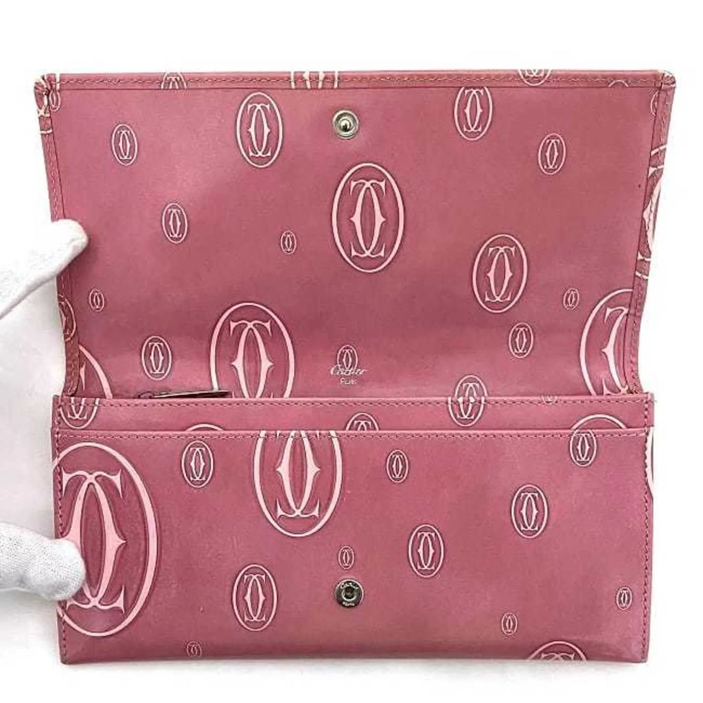 2C Bifold Happy L3000951 Birthday Wallet Pink Leather Pre-Owned Motif Ladies (Fair) Long Cartier