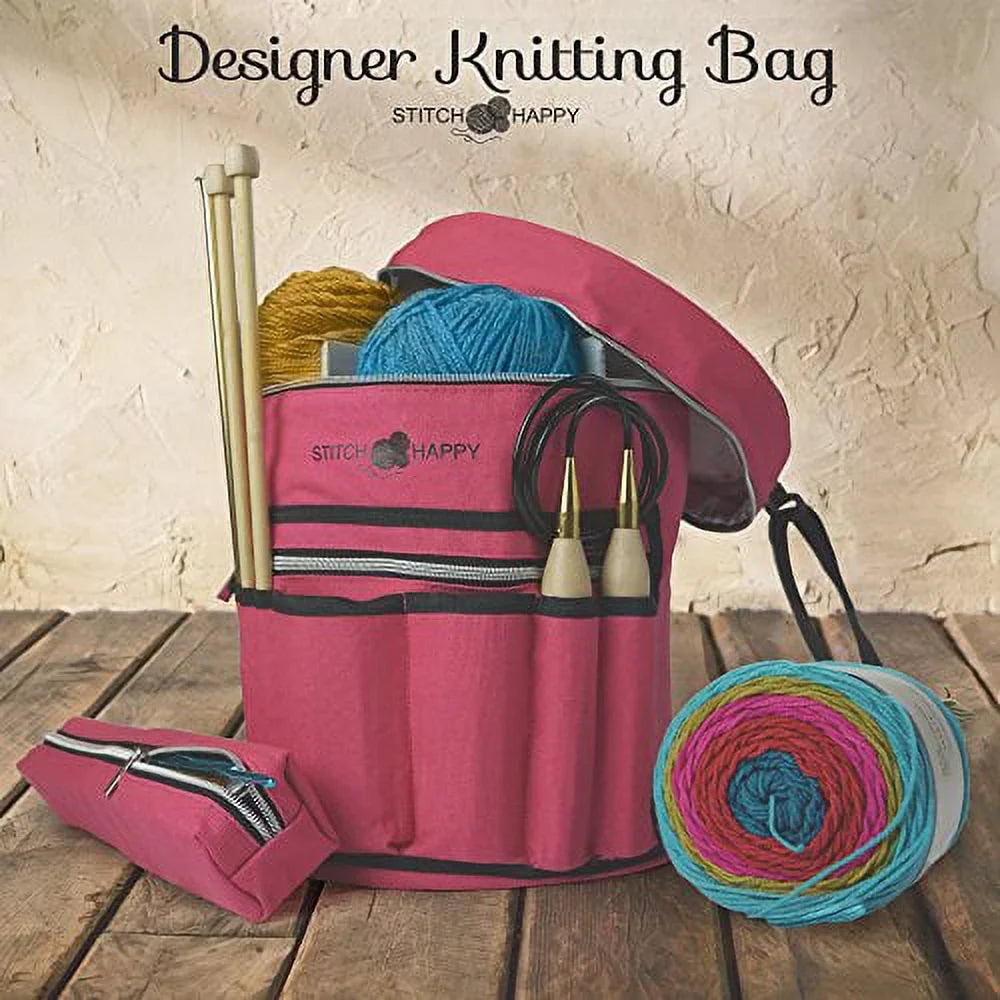 for Supplies by Yarn Storage - & Extra Pockets Knitting Projects, + Organizer Stitch (Fuchsia) Happy Bag Crochet Tote w/Tool 7 Case, of Divider
