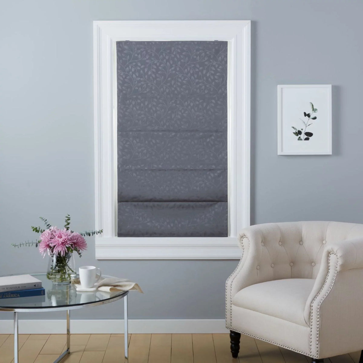 Home Roman 31"x Total Shade, 64", Exclusive Bolan Grey Botanical Dark Blackout