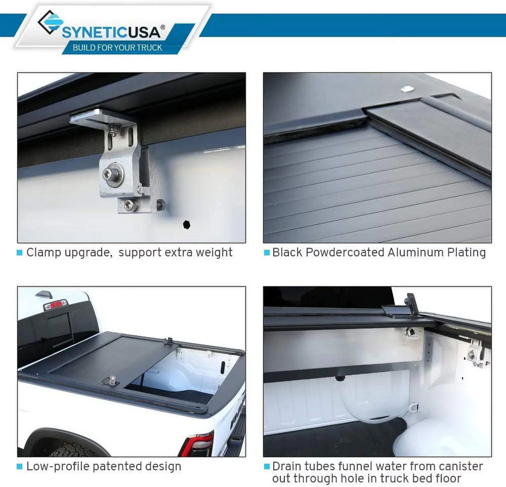 Cover Black Bed Low Retractable Ram Tonneau Waterproof Cross Fits 1500 (67.4”) Road 2019-2022 Syneticusa 5'7" Bars with Matte Hard Profile Aluminum Off