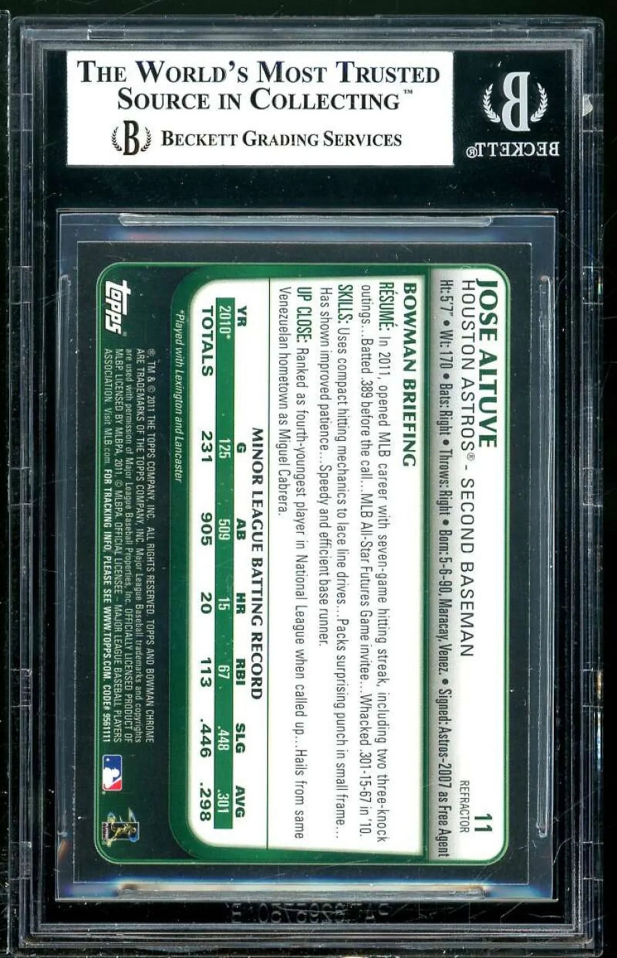 Altuve 8.5 BGS Draft Jose Purple Bowman Card 2011 Refractors #11 Chrome Rookie