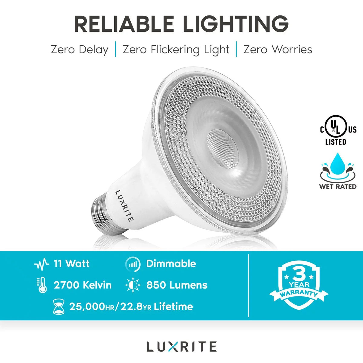 Listed Warm Flood LED Rated Light PAR30 UL 11W White 2700K E26 Wet Base Luxrite 850 Lumens 12-Pack Dimmable Bulb