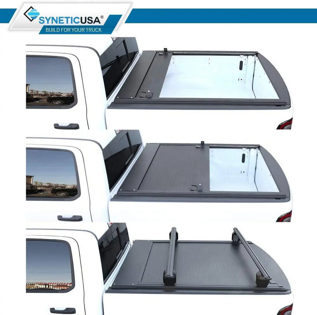 Cover Black Bed Low Retractable Ram Tonneau Waterproof Cross Fits 1500 (67.4”) Road 2019-2022 Syneticusa 5'7" Bars with Matte Hard Profile Aluminum Off
