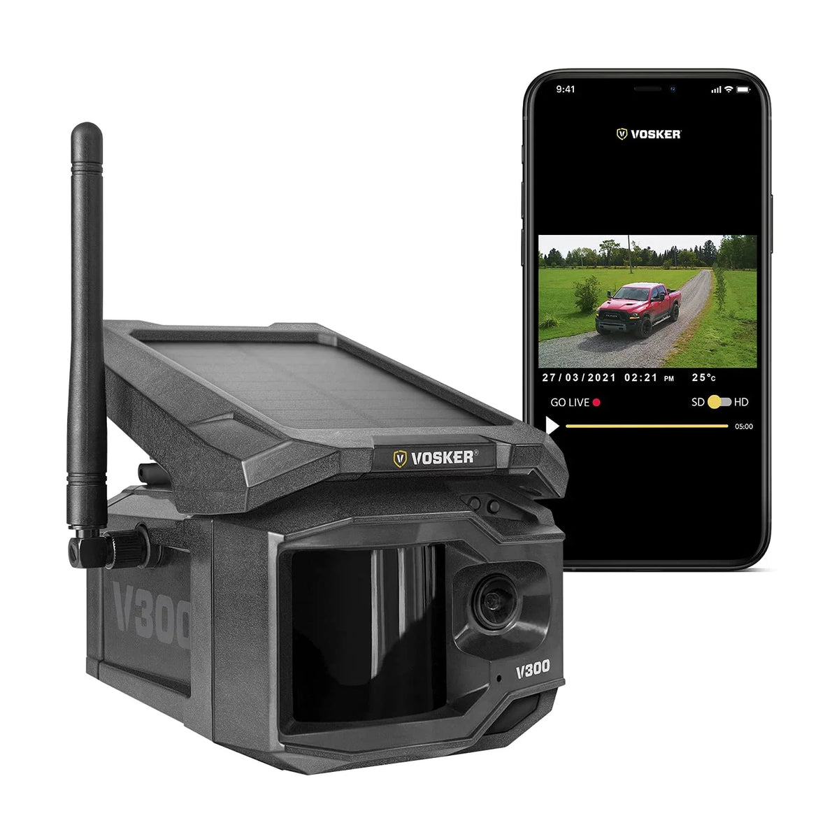 Security Outdoor 4G-LTE View Live Cellular V300-US Camera Powered VOSKER Solar