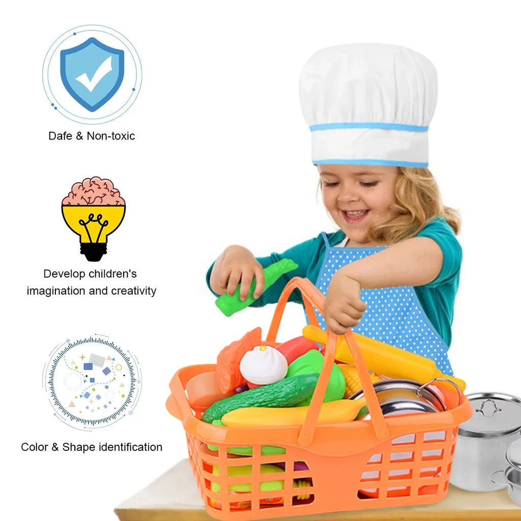 Pots Pretend Girls Stainless Play Set Kitchen Toys, Cooking Steel Kitchen Utensils Healthy SEKKVY with Set Cookware and Pans Knife,Apron,Little Boys Vegetables, Kids Chef