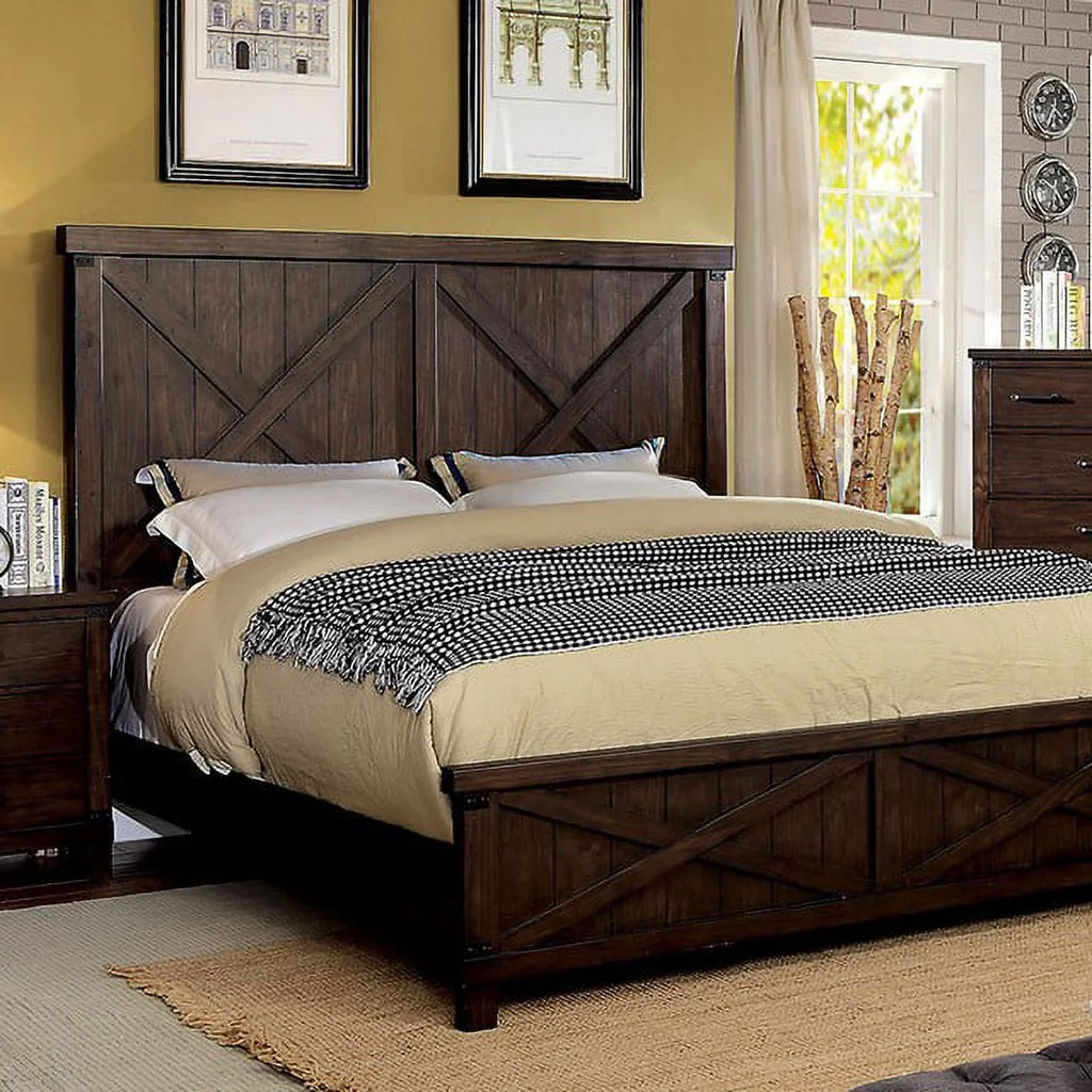 King Bedroom Bed HB Transitional 1pc Solid Style Dark Bed Rustic Size Eastern Style Plank Furniture Walnut FB Wood
