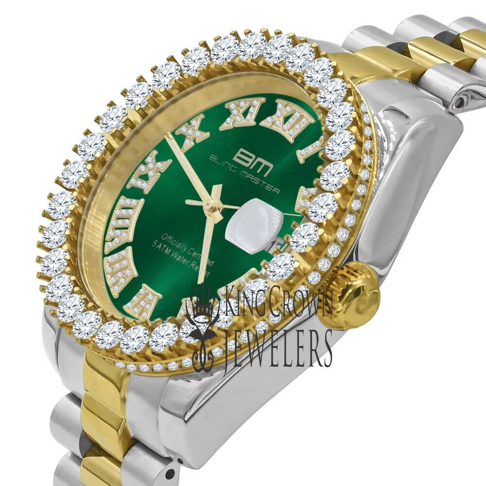 Watch Diamond Gold Mens 2 Green 42mm Dial Face 18k Full Stainless Numbers Tone Steel Roman