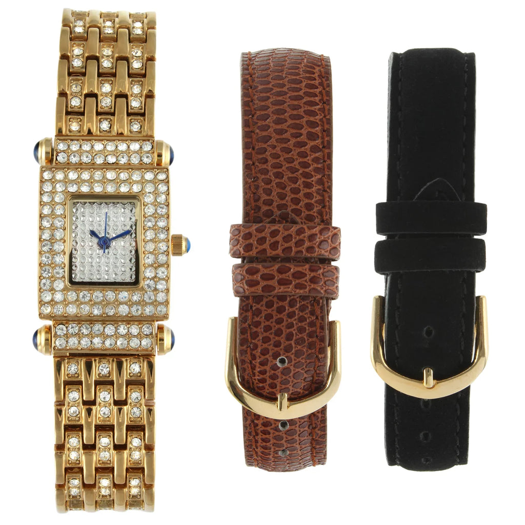 Bands 691G Crystal-Accented Interchangeable Peugeot Two Gold-Tone Women's with Leather Watch