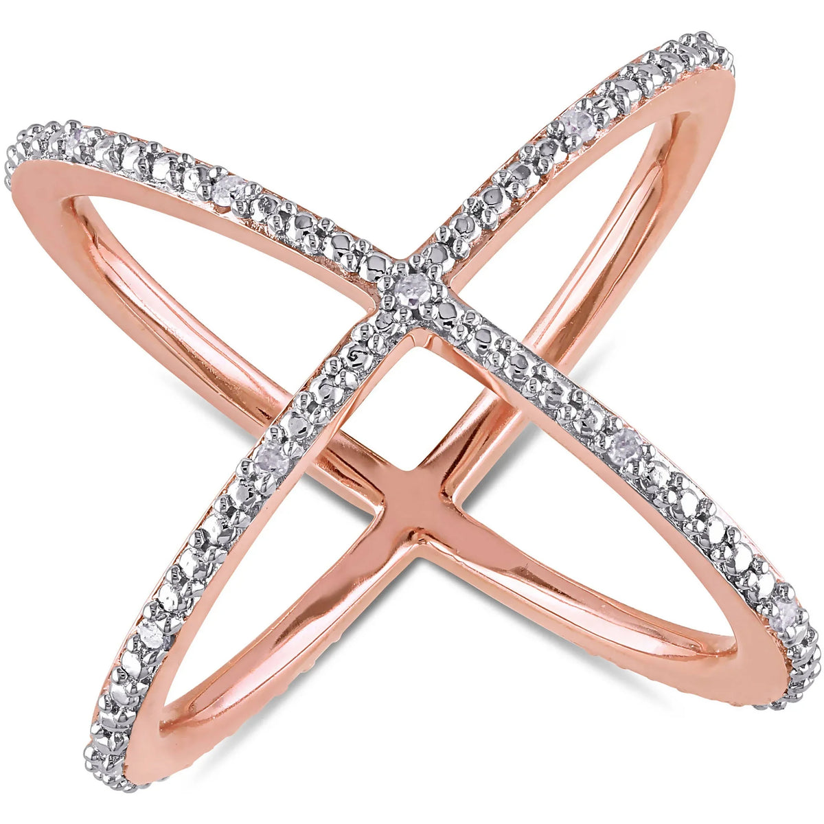 Miabella 1/10 T.W. Criss-Cross Rhodium-Plated Sterling Diamond Rose Silver Ring