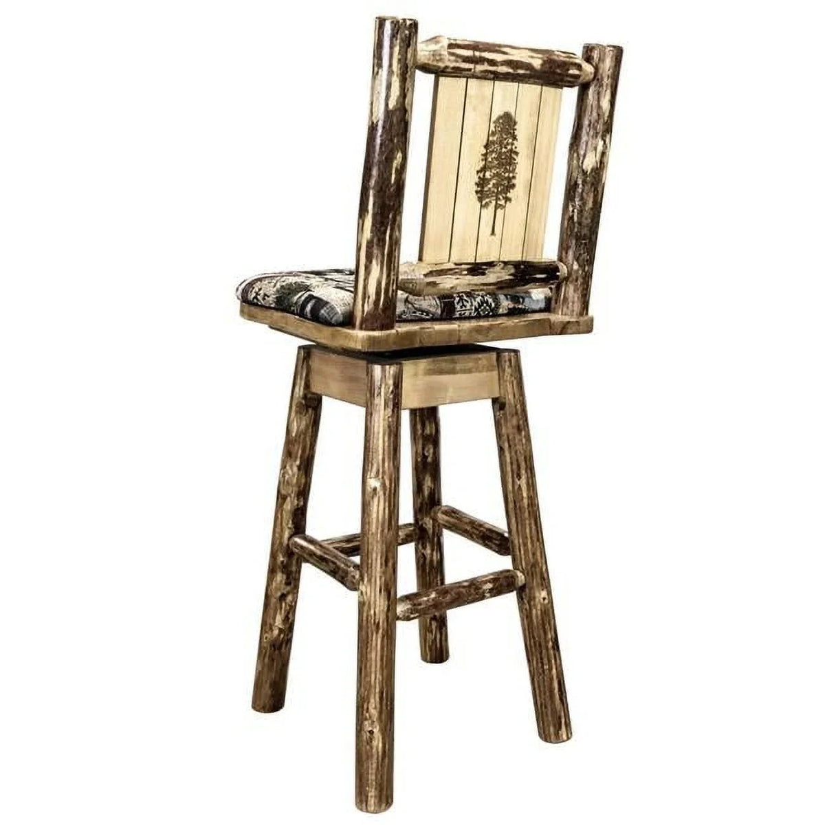 with Country Swivel, Engraved Back Counter Glacier Upholstery & Laser Woodland with Tree Height Barstool Design Pine